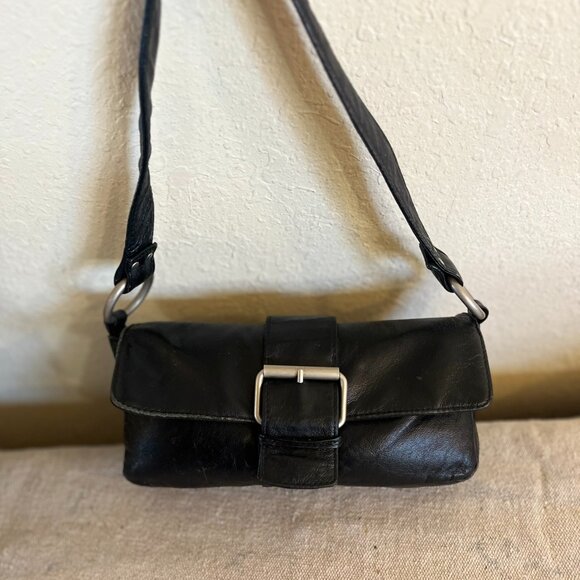 Wilsons Leather Handbags - Wilson Maxima Black Leather Bohemian Festival Big Buckle Mini Shoulder Bag